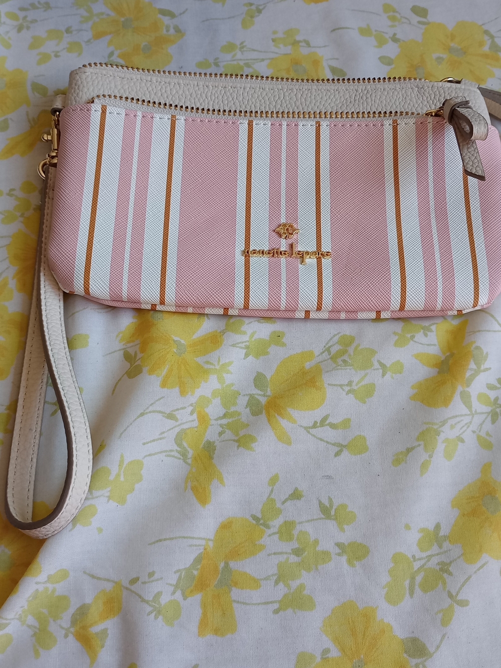 Nanette Lepore pink and white striped wristlet  gold-toned hardware